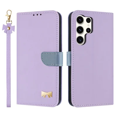 Samsung Galaxy S24 Ultra-hoesje met strikdecoratie, portemonnee, lederen telefoonhoes met polsbandje - Paars