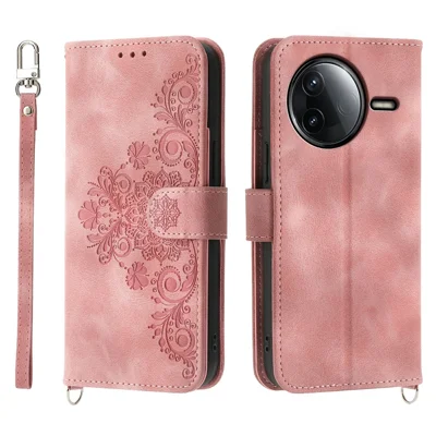 For Xiaomi Redmi K80 5G  /  Poco F7 Pro 5G Case Flower Pattern PU Leather Wallet Phone Cover with Strap - Pink