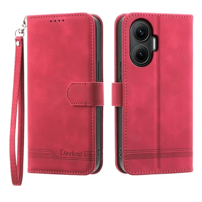 DIERFENG DF-03 For Xiaomi Poco F7 5G  /  Redmi Turbo 4 Pro 5G Case Lines Imprint Wallet Leather Phone Cover - Red