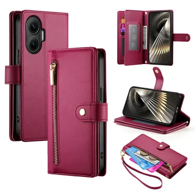 DFDF-011 For Xiaomi Poco F7 5G  /  Redmi Turbo 4 Pro 5G Case Zipper Pocket Wallet Leather Phone Cover with Straps - Red