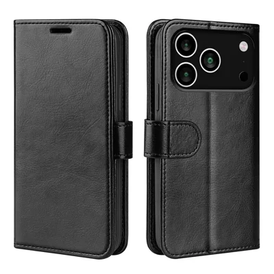 For iPhone 18 Pro Max / 17 Pro Max Case Crazy Horse Texture Stand Leather Phone Cover - Black