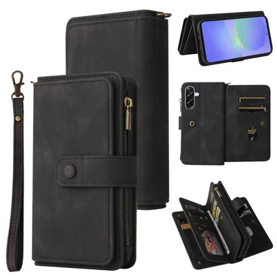 For Samsung Galaxy A36 5G Zipper Wallet Case with 15 Card Slots and Strap Leather Phone Cover - Black