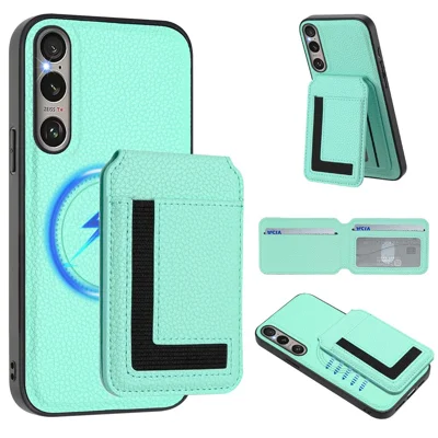 For Sony Xperia 1 VI Magnetic Case TPU + PU Leather Phone Back Cover with Detachable Card Holder - Mint Green