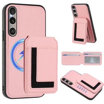 For Sony Xperia 1 VI Magnetic Case TPU + PU Leather Phone Back Cover with Detachable Card Holder - Pink