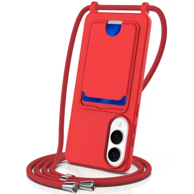 For Samsung Galaxy S25 Edge Case Liquid Silicone Card Holder Back Phone Cover with Lanyard - Red