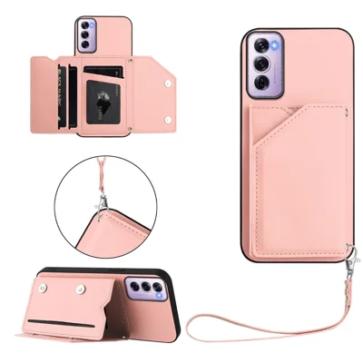 For Oppo Reno12 Pro 5G (Global) Case Card Holder Kickstand Skin-Touch Phone Cover with Wrist Strap - Pink