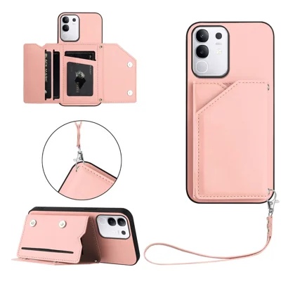 For vivo T4x 5G / vivo Y300t 5G / vivo iQOO Z10x 5G / vivo Y29 4G Case Card Holder Kickstand Skin-Touch Phone Cover with Wrist Strap - Pink