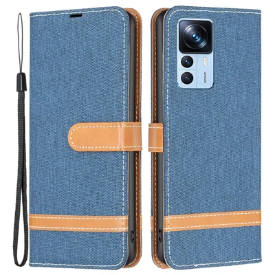 Handyhülle aus Jeansstoff-Optik Leder mit Geldbörse und Ständer für Xiaomi 12T 5G / Redmi K50 Ultra 5G / 12T Pro 5G – Marineblau