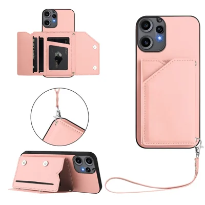 For Nothing CMF Phone 2 Pro Case Card Holder Kickstand Skin-Touch Phone Cover with Wrist Strap - Pink