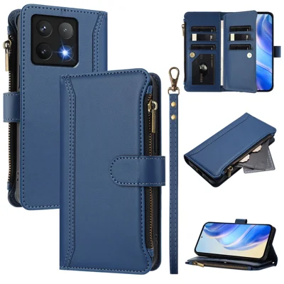 For Xiaomi 14T Leather Case 9 Card Slots Zipper Wallet Stand Phone Cover with Wrist Strap - Dark Blue