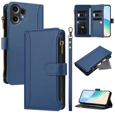 For Nothing CMF Phone 2 Pro Leather Case 9 Card Slots Zipper Wallet Stand Phone Cover with Wrist Strap - Dark Blue