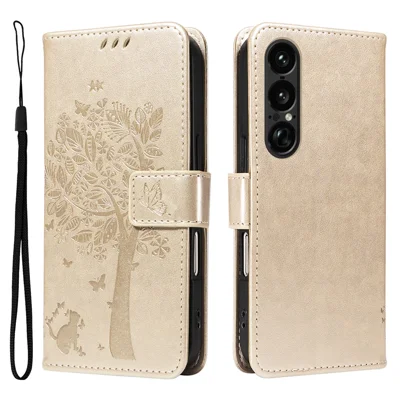For Sony Xperia 1 VII Phone Case with Stand Cat Tree Pattern Leather Wallet Mobile Cover - Gold