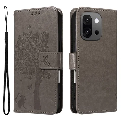 For OnePlus 13T 5G Phone Case with Stand Cat Tree Pattern Leather Wallet Mobile Cover - Grey