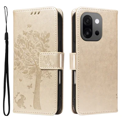 For OnePlus 13T 5G Phone Case with Stand Cat Tree Pattern Leather Wallet Mobile Cover - Gold