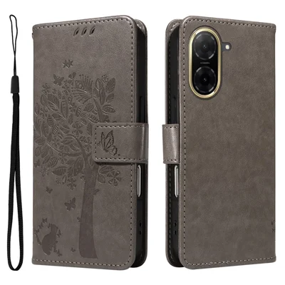 For Xiaomi Redmi A5 4G (171.7mm) / A7 4G (Global) / Poco C71 4G Phone Case with Stand Cat Tree Pattern Leather Wallet Mobile Cover - Grey
