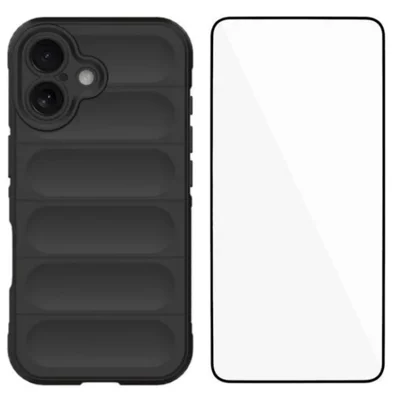 WANLONFENG For iPhone 16 Plus TPU Case  HD Series Anti Slip Phone Cover with Tempered Glass - Black