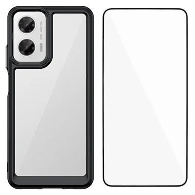 WANLONFENG For Motorola Moto G35 5G Phone Case  XC Series TPU Acrylic Cover with Tempered Glass (Big Lens Hole) - Black