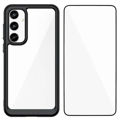 WANLONFENG For Samsung Galaxy A35 5G Phone Case  XC Series TPU Acrylic Cover with Tempered Glass (Big Lens Hole) - Black