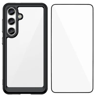 WANLONFENG For Samsung Galaxy S24 FE Phone Case  XC Series TPU Acrylic Cover with Tempered Glass (Big Lens Hole) - Black