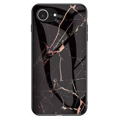 For iPhone 16e Case Marmorstil Tempered Glass + PC + TPU Beskyttende Telefonbeskyttelse - Guld Sort Marmor