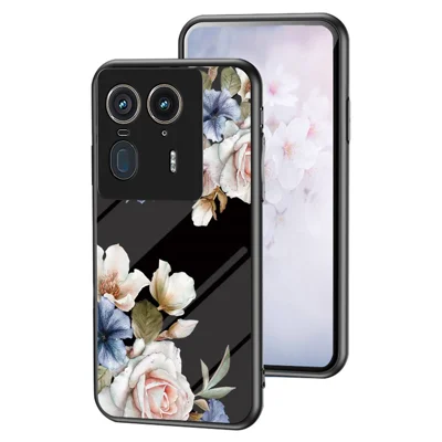 For Motorola Edge 50 Ultra 5G / Moto X50 Ultra 5G Case Floral Pattern TPU + Tempered Glass Protective Phone Cover - Black Flower Bush