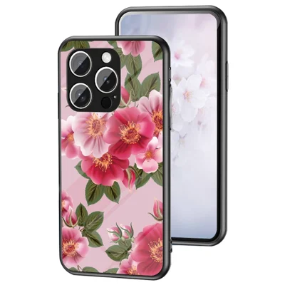 For iPhone 16 Pro Case Floral Pattern TPU + Tempered Glass Protective Phone Cover - Glamorous Peony