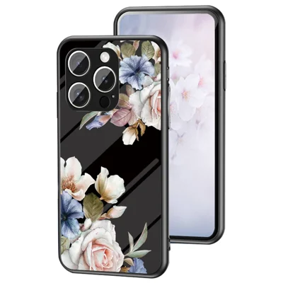 For iPhone 16 Pro Max Case Floral Pattern TPU + Tempered Glass Protective Phone Cover - Black Flower Bush