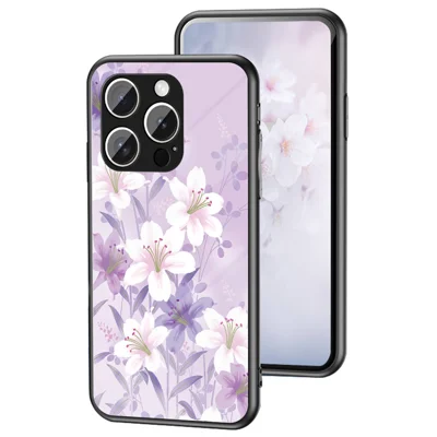 For iPhone 15 Pro Case Floral Pattern TPU + Tempered Glass Protective Phone Cover - Purple Magnolia