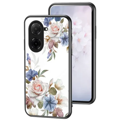 For Xiaomi Poco C71 4G / Redmi A5 4G (171.7mm) Case Floral Pattern TPU + Tempered Glass Protective Phone Cover - White Flower Bush