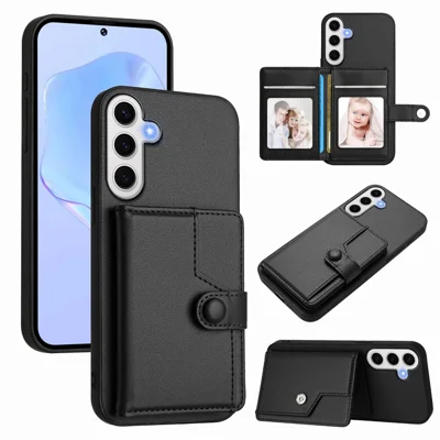 For Samsung Galaxy S24 FE Case RFID Blocking Card Holder Kickstand TPU + PU Leather Phone Back Cover - Black