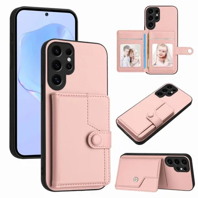 Samsung Galaxy S24 Ultra-hoesje met RFID-blokkering, kaarthouder, standaard, TPU + PU-leer telefoonhoesje - Roze goud
