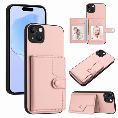 For iPhone 15 Plus Case RFID Blocking Card Holder Kickstand TPU + PU Leather Phone Back Cover - Rose Gold