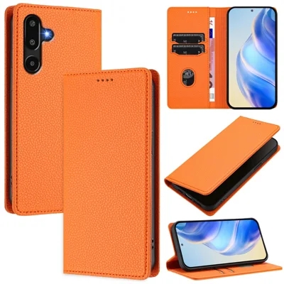 Til Samsung Galaxy M16 5G / Galaxy F16 5G tegnebogstilfælde med RFID-blokerende litchi-struktureret læderdæksel - Orange