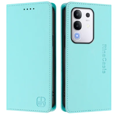 For vivo Y29 4G Leather Case RINACASIS RC01 Phone Cover with RFID Blocking Wallet Stand - Mint Green