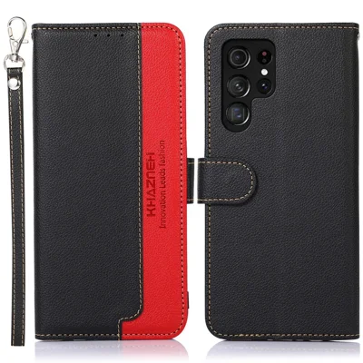 KHAZNEH für Samsung Galaxy S23 Ultra RFID-Schutz Litschi-Textur Stoßfestes Case aus PU-Leder mit Ständer und Brieftaschenhülle - Schwarz
