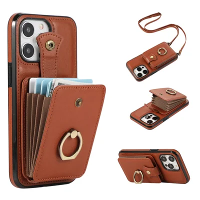 For iPhone 15 Pro Max Case Card Holder Ring Kickstand TPU + PU Leather Phone Cover with Long Strap - Brown