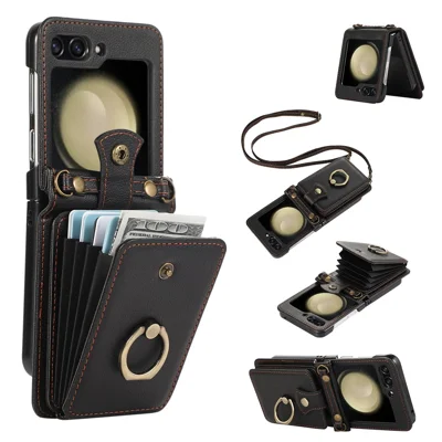 For Samsung Galaxy Z Flip7 FE 5G / Z Flip6 5G Case Card Holder Ring Kickstand TPU + PU Leather Phone Cover with Long Strap - Black