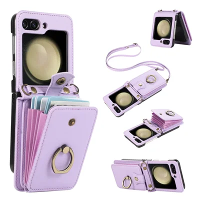 For Samsung Galaxy Z Flip5 5G Case Card Holder Ring Kickstand TPU + PU Leather Phone Cover with Long Strap - Purple