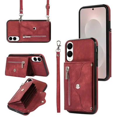 For Samsung Galaxy S25 Edge Case PU Leather + TPU RFID Blocking Card Slots Phone Cover with 2 Straps - Red