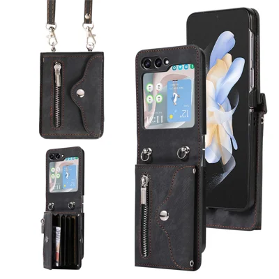 For Samsung Galaxy Z Flip5 5G Case PU Leather + TPU RFID Blocking Card Slots Phone Cover with 2 Straps - Black