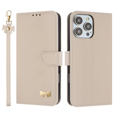 For iPhone 16 Pro Case Bowknot Decor Wallet Leather Phone Cover with Wrist Strap - Khaki