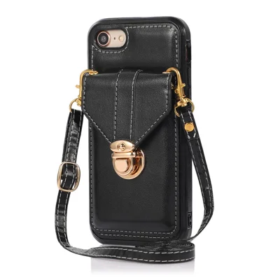 For iPhone 16e Hoesje met Kaarthouder en Steunplaat PU Leer + TPU Telefoonhoes met Schouderband - Zwart