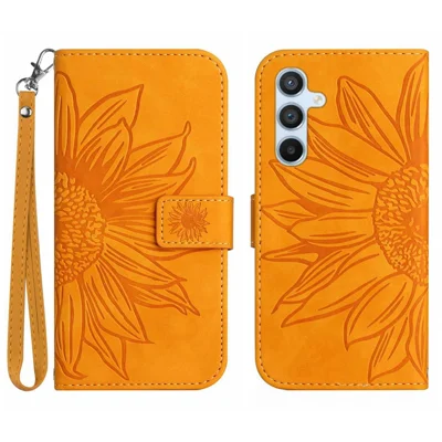 For Samsung Galaxy A18 4G / A18 5G / A17 5G / A17 4G / A26 5G Case Sunflower Imprint Leather Wallet Phone Cover with Wrist Strap - Yellow
