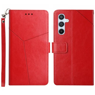 For Samsung Galaxy A17 5G / A17 4G / A26 5G Case with Wrist Strap Y Shaped Lines Imprint Leather Phone Cover - Red
