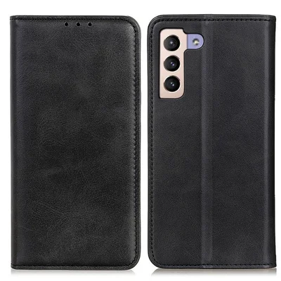 Für Samsung Galaxy S23+ Sturzsicherer Ledertasche Aus Spaltleder Mit Magnetverschluss Flip-Cover Aus Rindsleder-Optik Mit Ständer - Schwarz