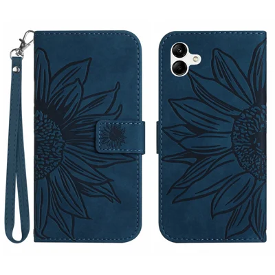 For Samsung Galaxy A07 4G / A07 5G / A06 5G / A06 4G Case Sunflower Imprint Leather Wallet Phone Cover with Wrist Strap - Dark Blue