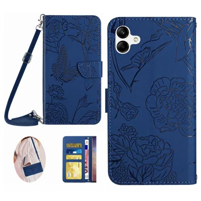 For Samsung Galaxy A07 4G / A07 5G / A06 5G / A06 4G Case Butterfly Flower Imprint Leather Phone Cover with Shoulder Strap - Blue