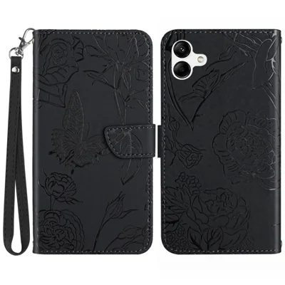 For Samsung Galaxy A07 4G / A07 5G / A06 5G / A06 4G Case Butterfly Flower Imprinted Leather Phone Cover with Strap - Black