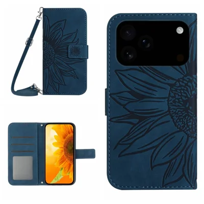Voor iPhone 17 Pro-hoesje met zonnebloemprint in PU-leer met lange draagkoord - Donkerblauw