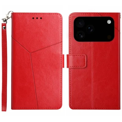 For iPhone 18 Pro / 17 Pro Case with Wrist Strap Y Shaped Lines Imprint Leather Phone Cover - Red